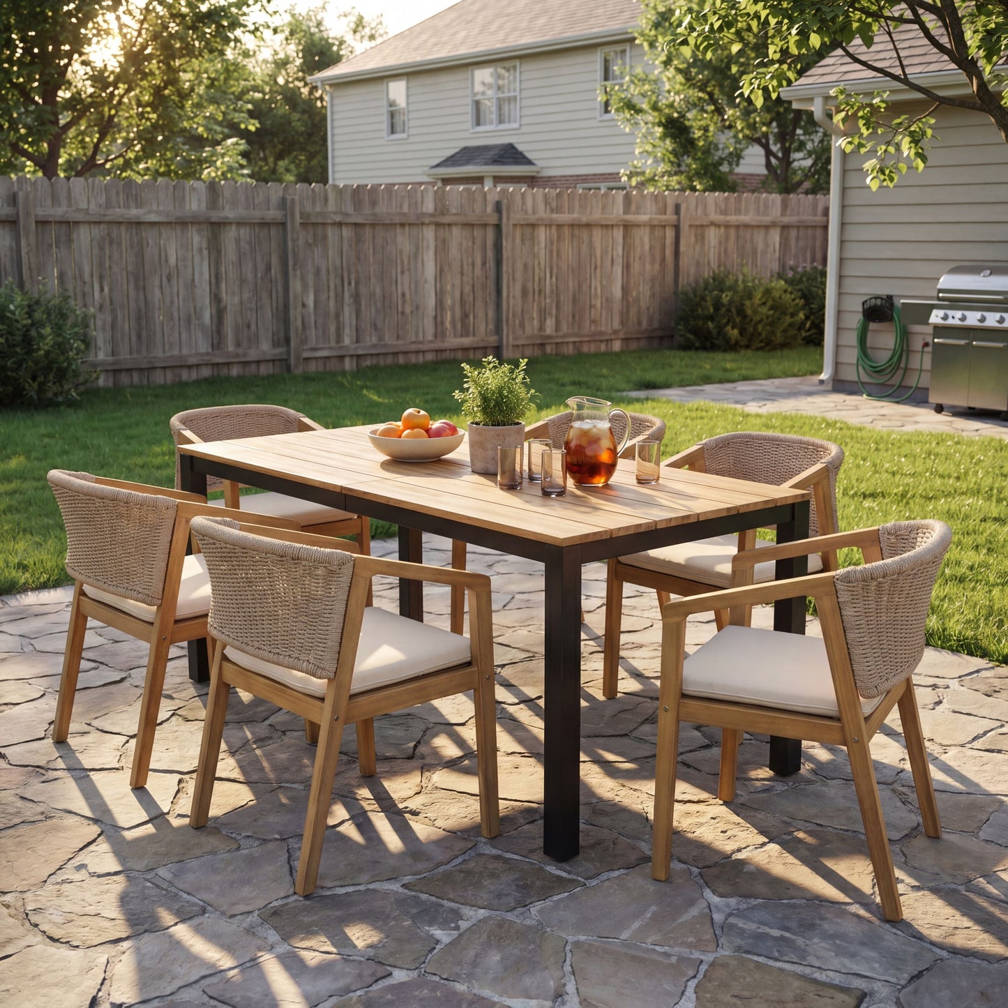 7-Piece Outdoor Dining Set with Acacia Wood table and 6 Acacia Rope Chairs HouseOfZazla on Tampa Home & Garden Store