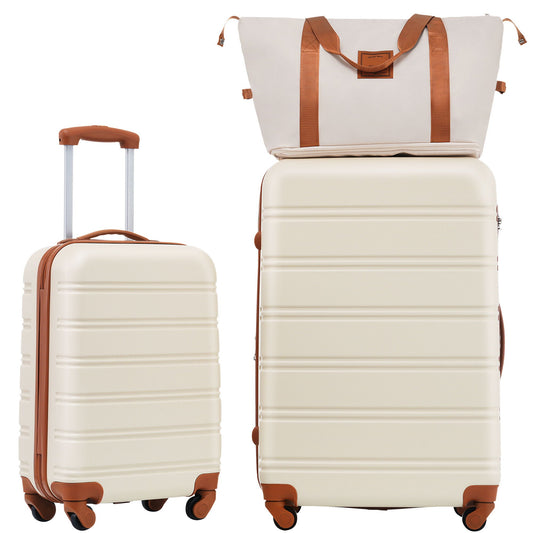 Beige hardshell luggage set with tan straps, 20in carry-on and 28in suitcase plus tote on Tampa Home & Garden Store