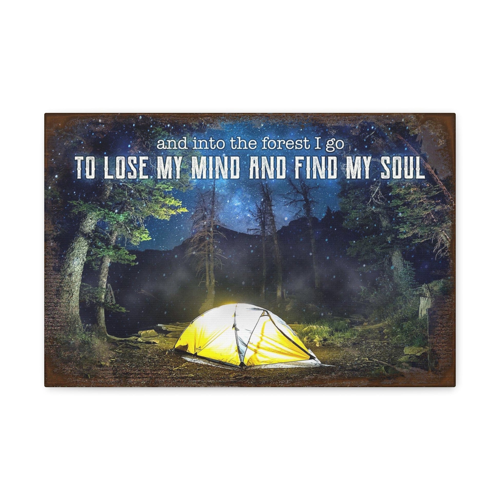 Canvas gallery wrap with brown frame night forest scene and yellow tent on Tampa Home & Garden Store