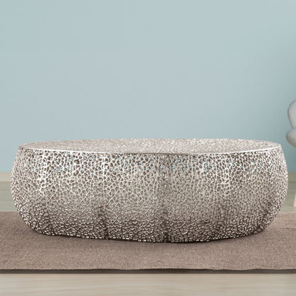 Oval coffee table with aluminum frame in pearl silver finish and lattice surface on Tampa Home & Garden Store