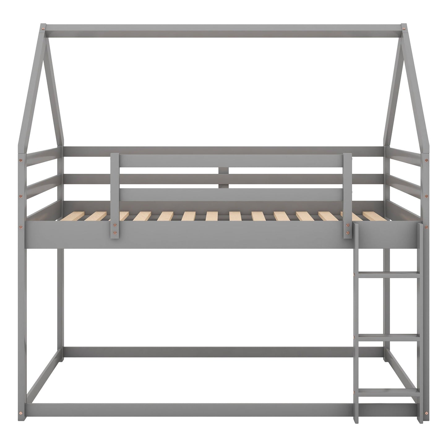 Low bunk bed with house-shaped frame and ladder, gray metal finish, HouseOfZazla on Tampa Home & Garden Store