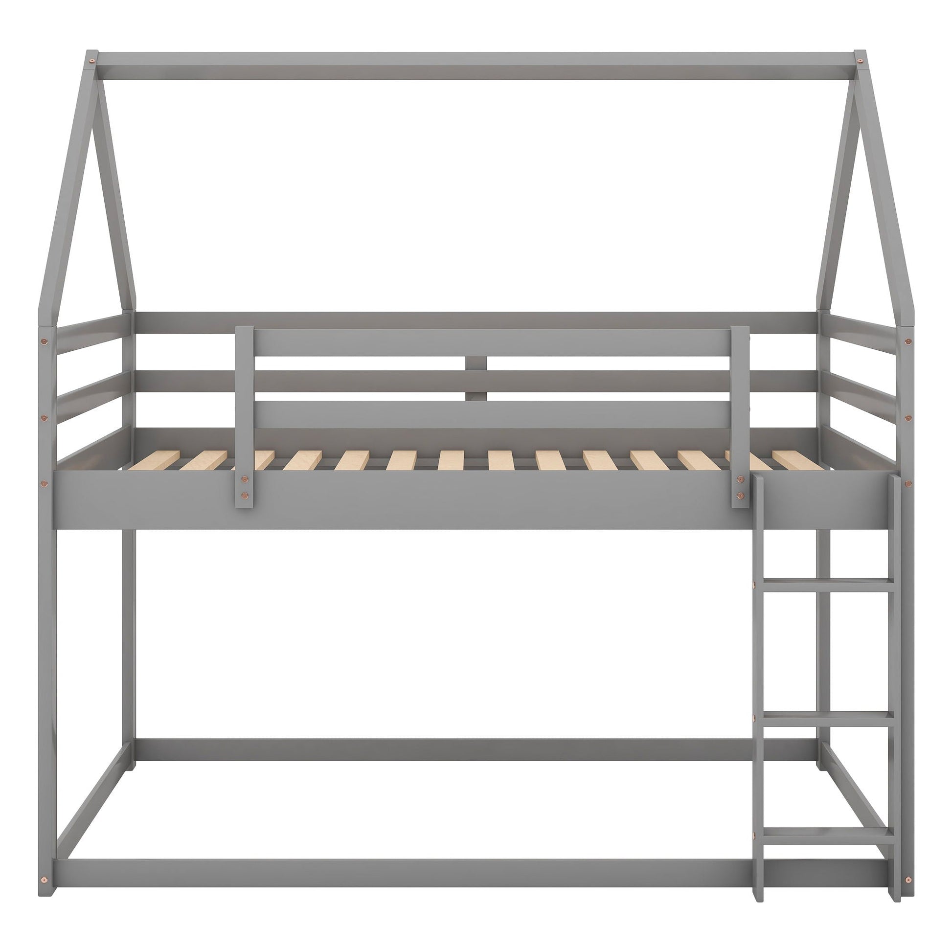 Low bunk bed with house-shaped frame and ladder, gray metal finish, HouseOfZazla on Tampa Home & Garden Store