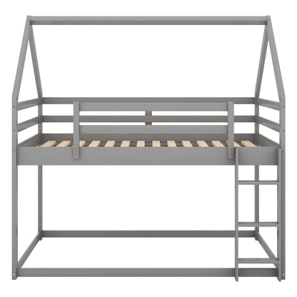 Low bunk bed with house-shaped frame and ladder, gray metal finish, HouseOfZazla on Tampa Home & Garden Store