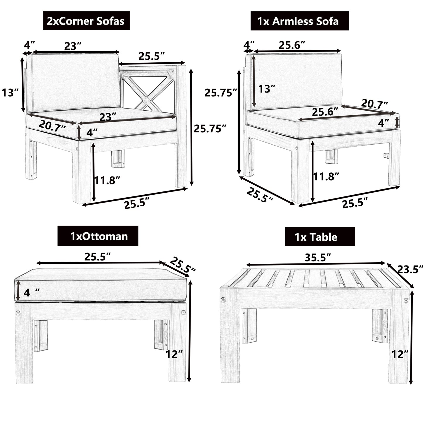 Topmax Outdoor Wood Sectional Sofa and Cushions