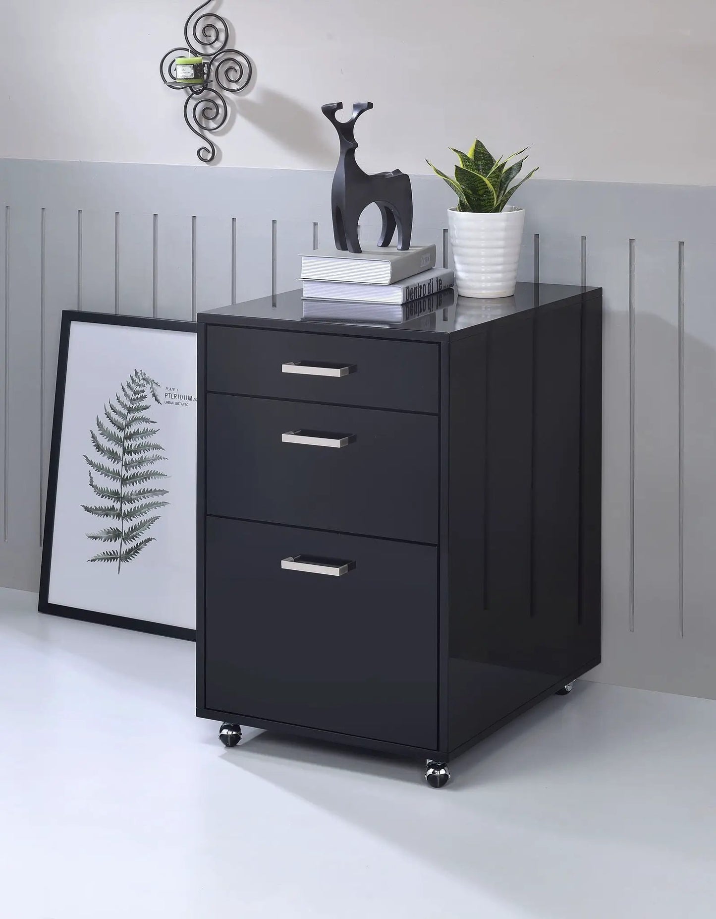 Coleen black gloss filing cabinet by Unique Piece Furniture, three-drawer with casters on Tampa Home & Garden Store