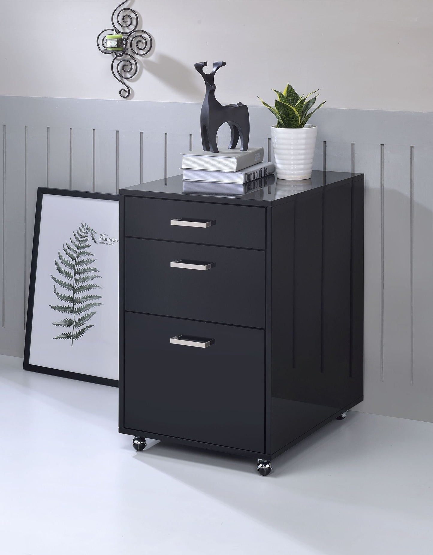 Coleen high-gloss black three-drawer filing cabinet with chrome handles on Tampa Home & Garden Store