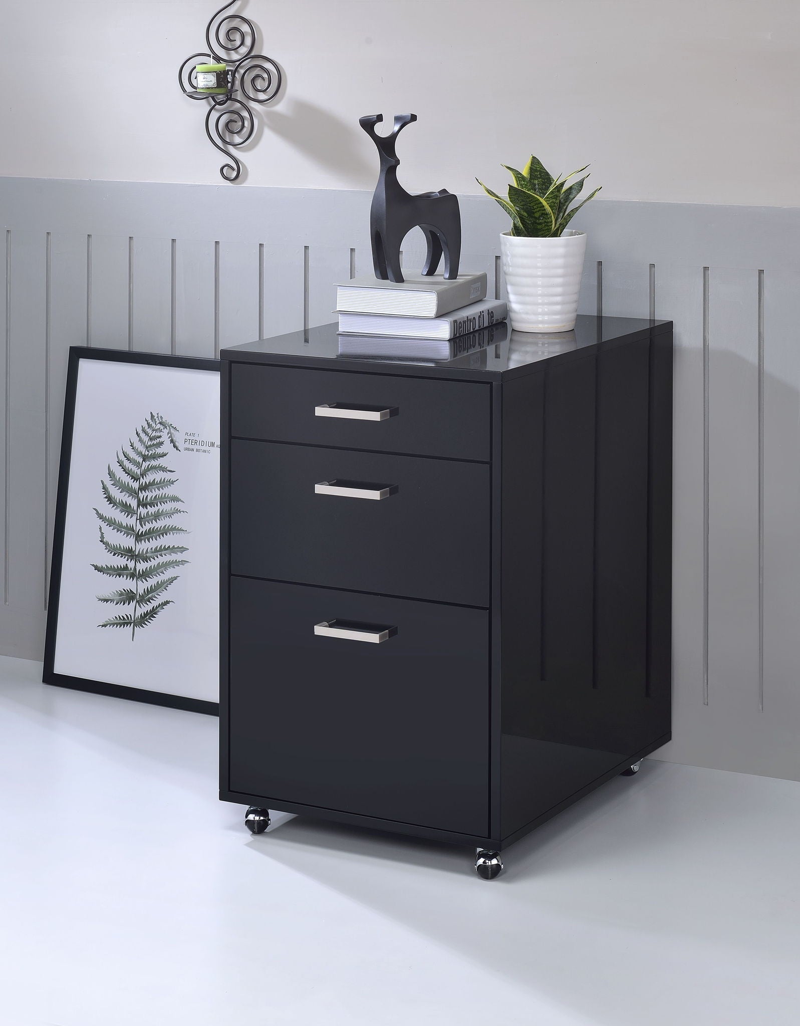 Coleen high-gloss black three-drawer filing cabinet with chrome handles on Tampa Home & Garden Store