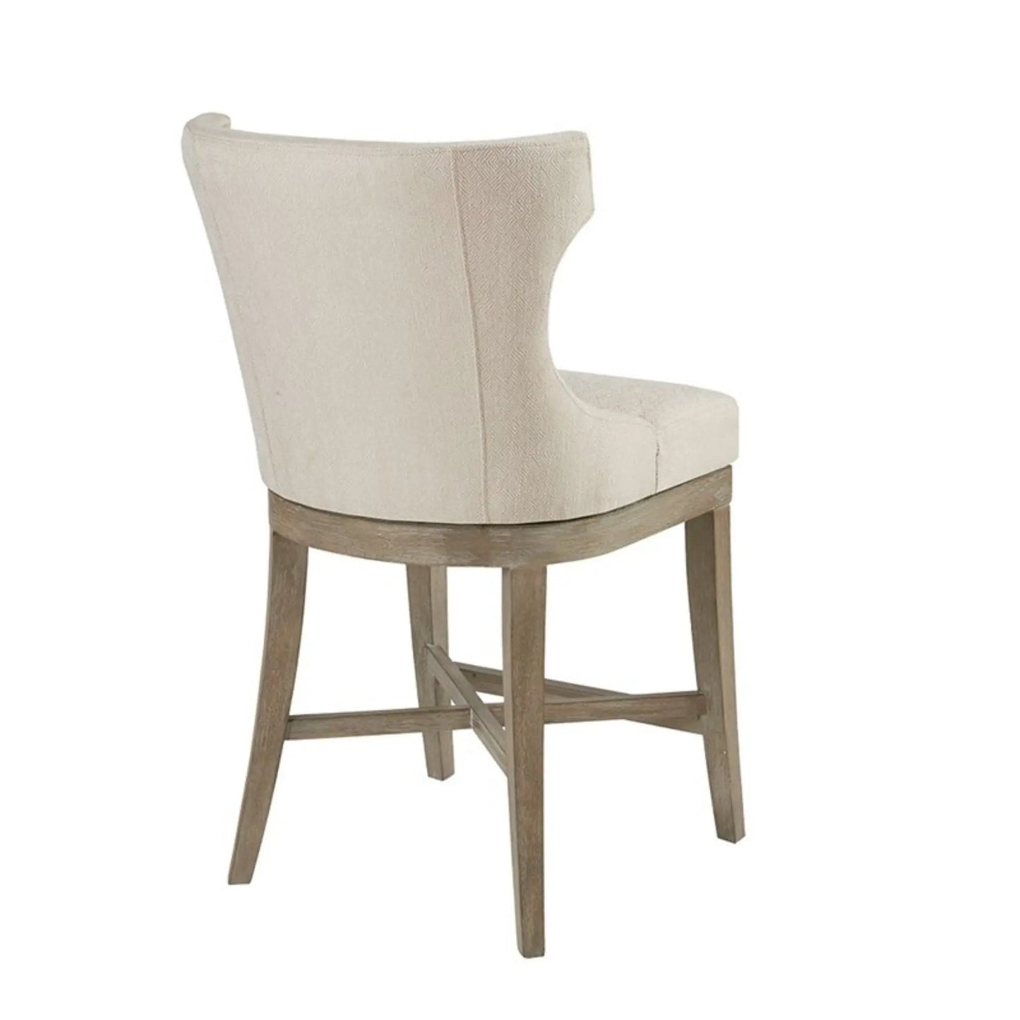 Carson counter stool with swivel seat beige fabric upholstery and curved wood base on Tampa Home & Garden Store