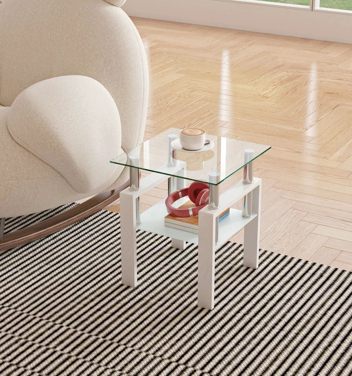 Modern tempered glass end square tea table with chrome legs in living room on Tampa Home & Garden Store