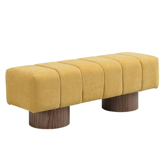 Upholstered dining bench Unique Piece Furniture, mustard-yellow fabric with dark wood legs on Tampa Home & Garden Store