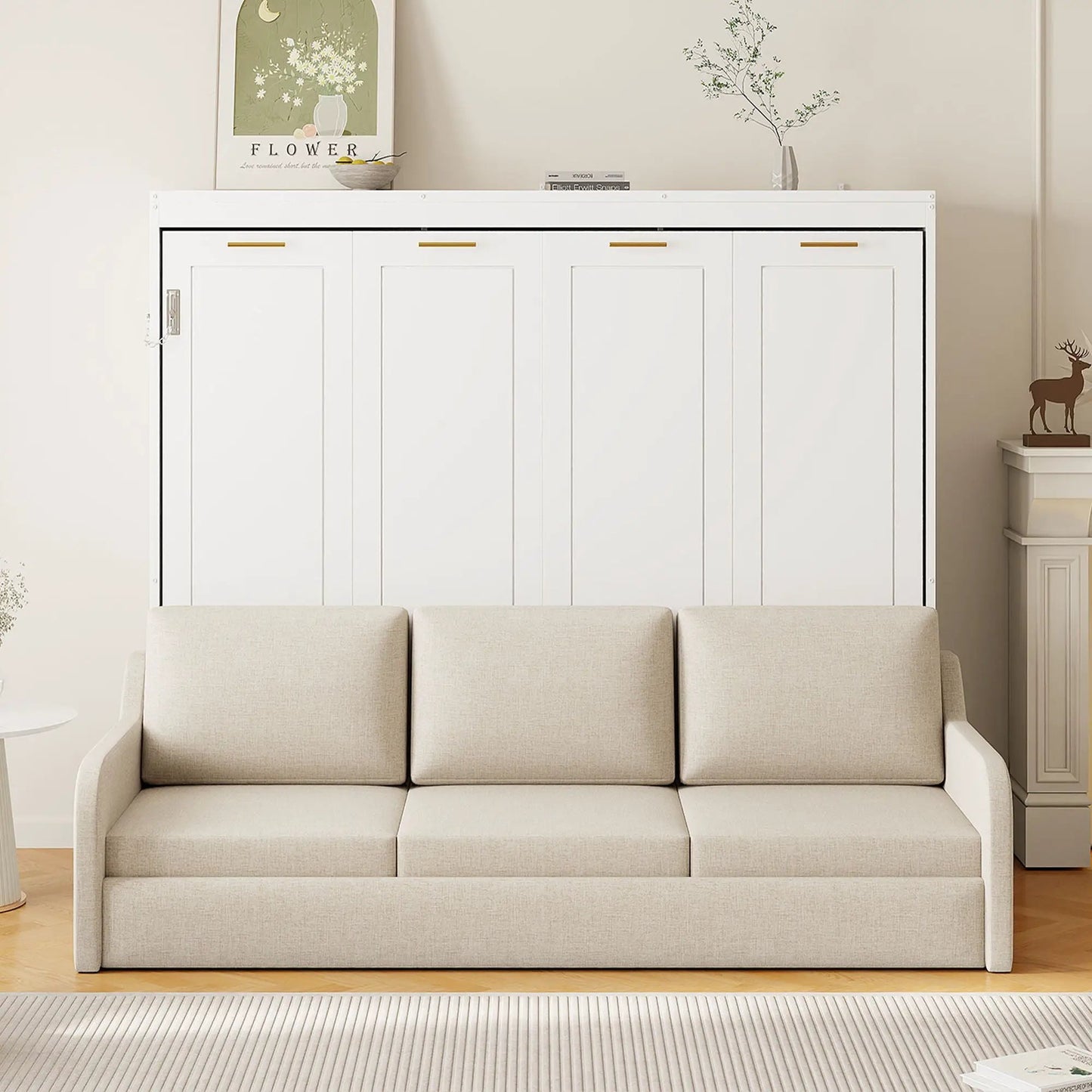 Murphy cabinet bed with folding sofa, white finish, built-in storage shelves and LED light on Tampa Home & Garden Store