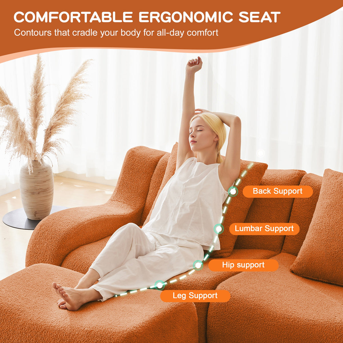L-Shaped 4-Seat Boneless Sofa HouseOfZazla in orange upholstery with a woman lounging on Tampa Home & Garden Store