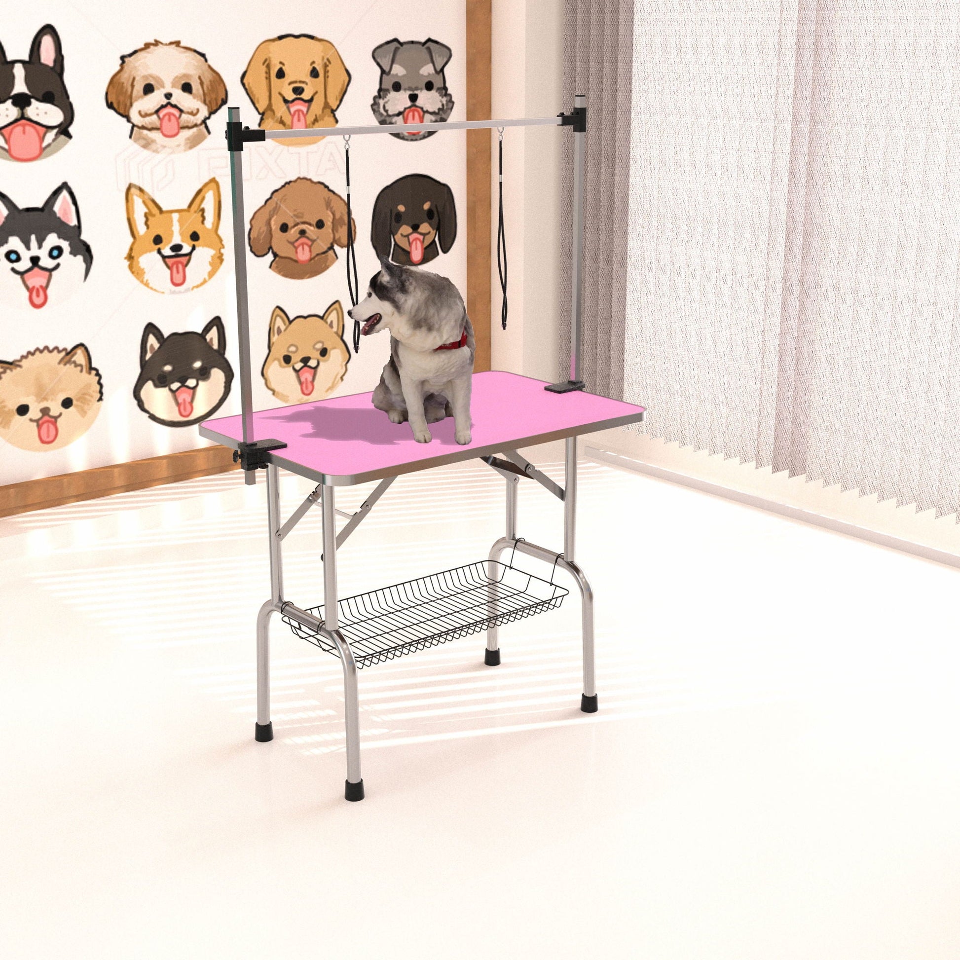 Foldable pet grooming table with pink mat, stainless steel frame and adjustable arm clamps on Tampa Home & Garden Store