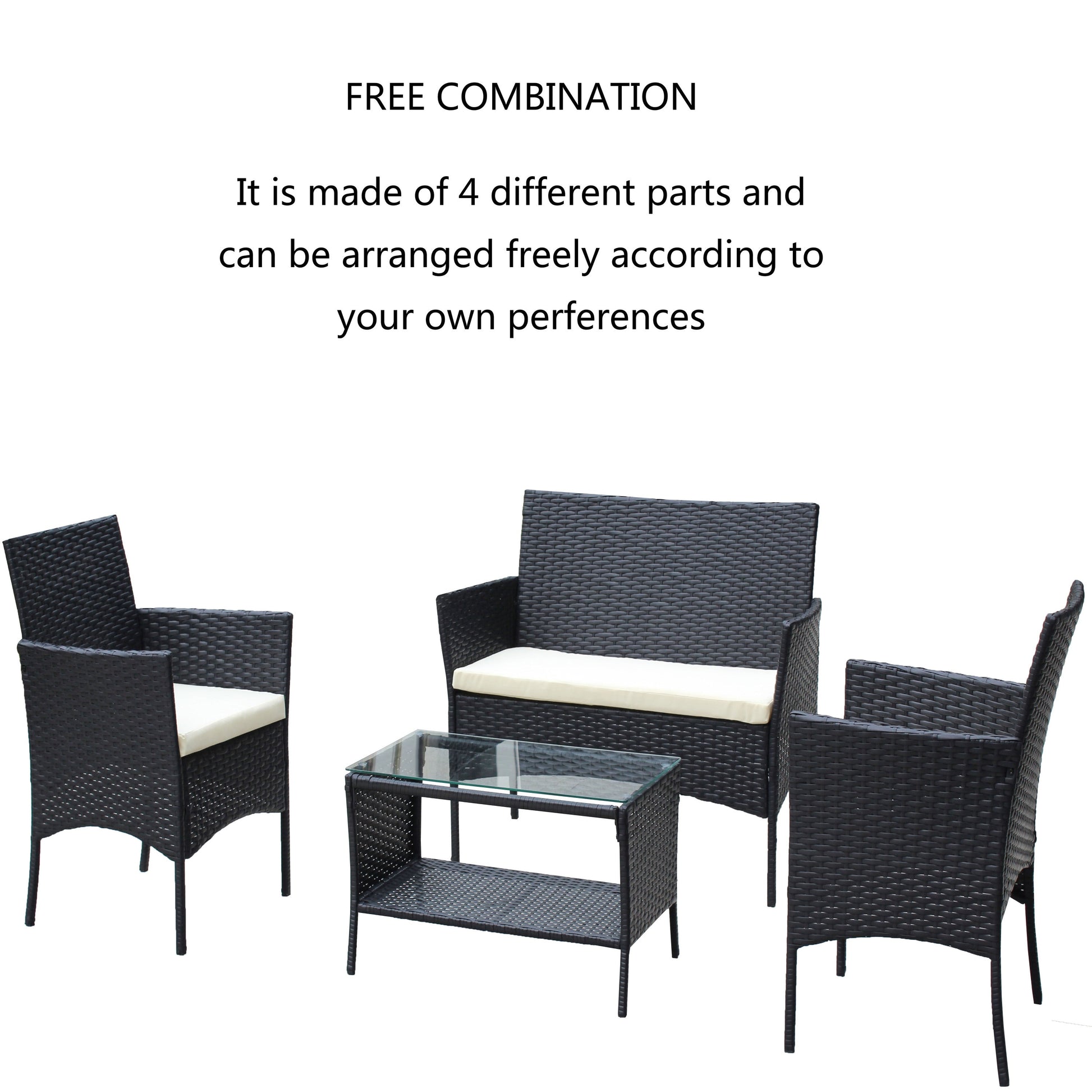 4pc rattan patio furniture set with black wicker chairs and cushioned sofa, glass table on Tampa Home & Garden Store