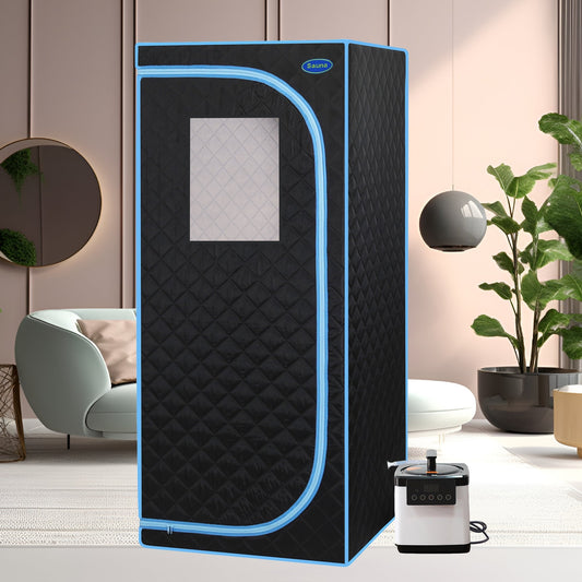 Portable Plus Steam Sauna tent in black fabric with blue binding by HouseOfZazla, home spa on Tampa Home & Garden Store