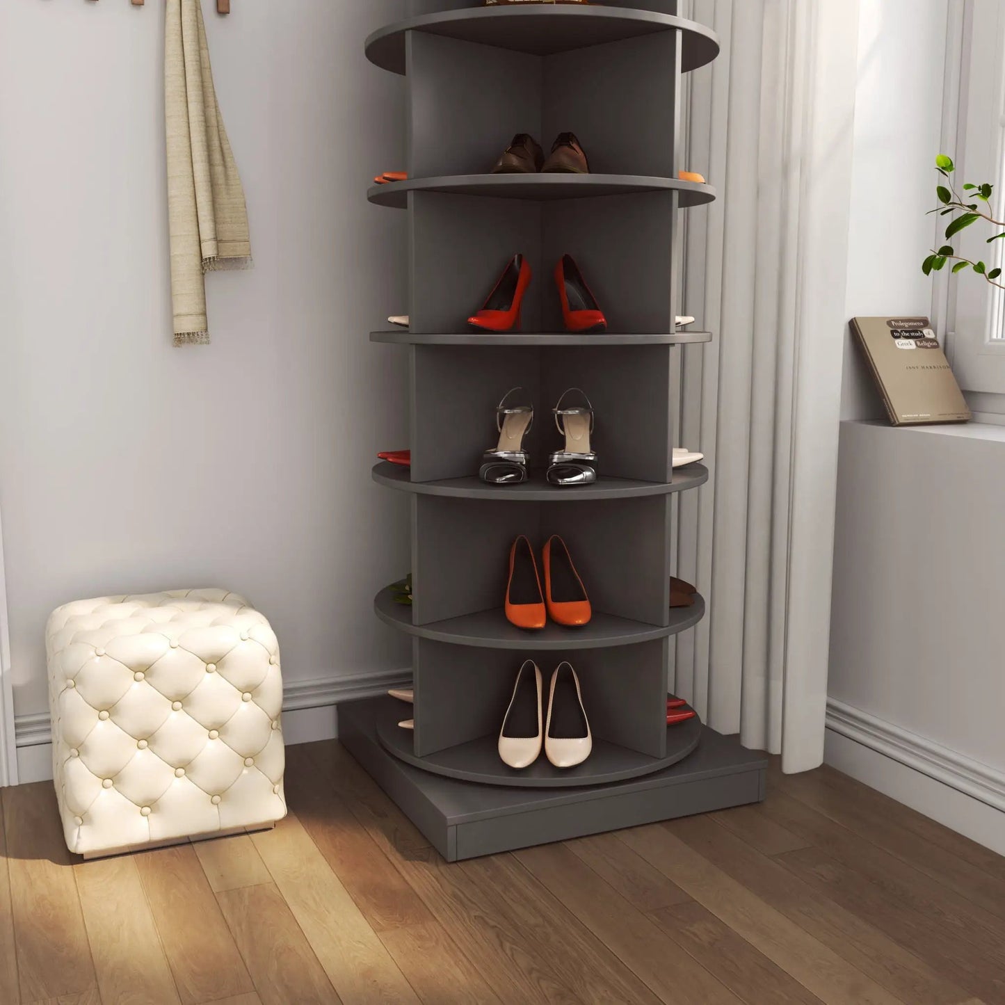 360 rotating shoe cabinet with 6 gray round shelves displaying multiple pairs of shoes on Tampa Home & Garden Store
