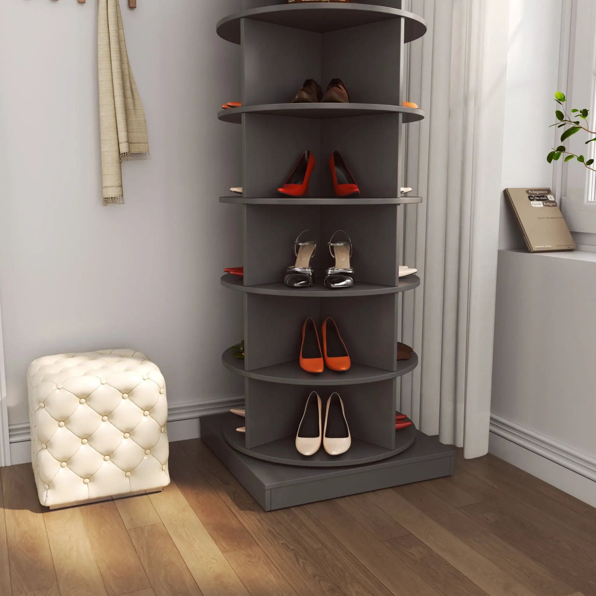 360 rotating shoe cabinet with 6 gray round shelves displaying multiple pairs of shoes on Tampa Home & Garden Store