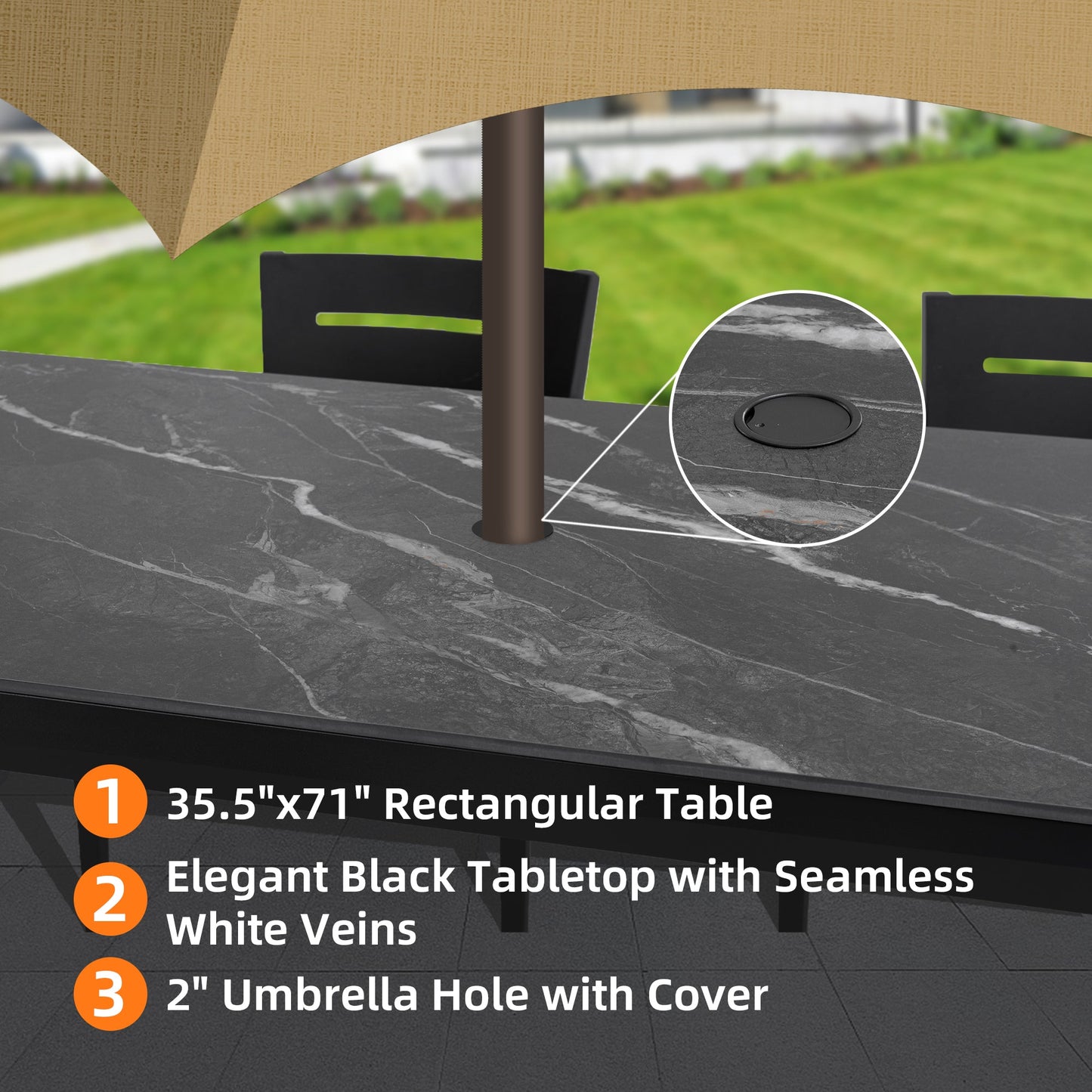 Modern 7-Piece Aluminum Patio Dining Set by HouseOfZazla with table and umbrella hole on Tampa Home & Garden Store
