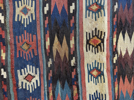 Antique Shahsavan mafrash panel rug, Caucasian tribal navy cream red geometric motif on Tampa Home & Garden Store