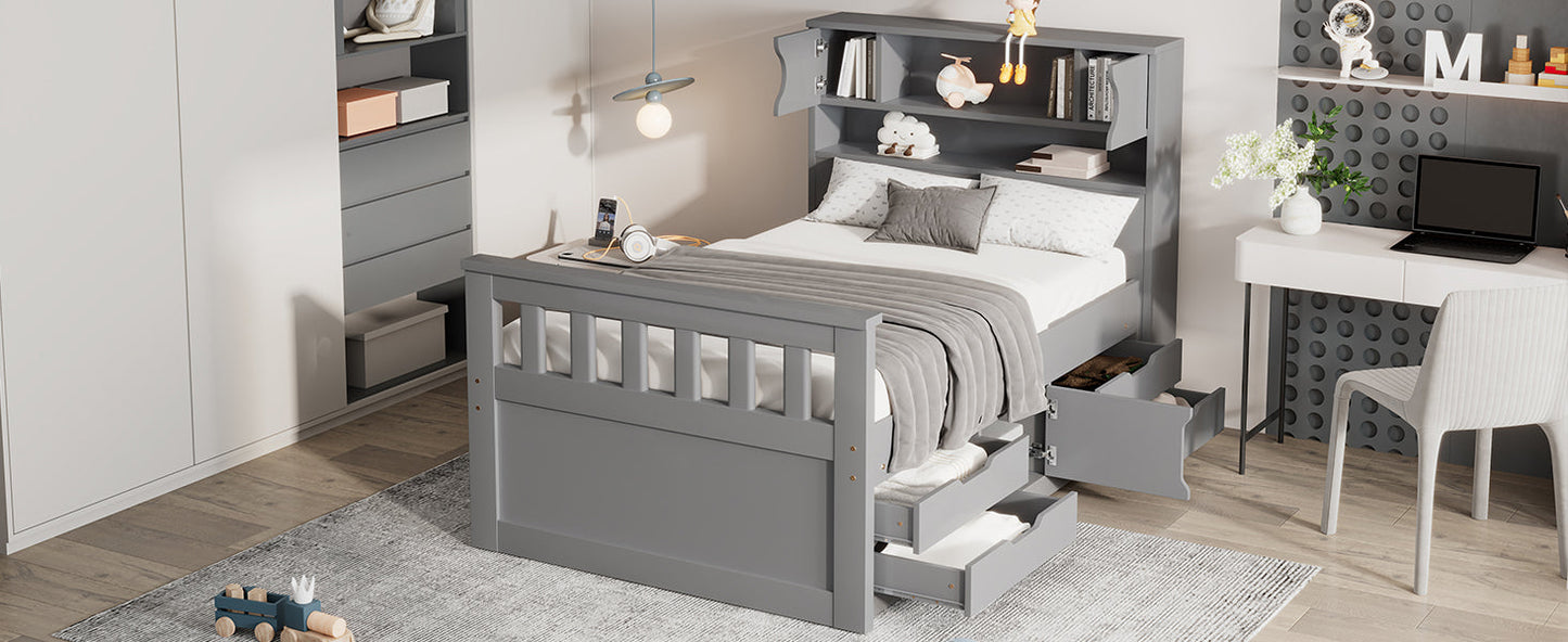 Twin Size Captain Platform Bed Frame with Storage Bookcases and Shelves,Four Drawers, Gray - Tampa Home & Garden Store