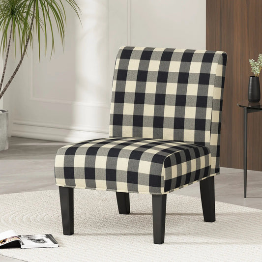Black fabric upholstered accent chair with a black-white buffalo plaid pattern and dark legs on Tampa Home & Garden Store