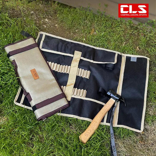 Outdoor Camp Nail Bag for Tool Storage with black roll-up organizer beige roll, hammer, CLS logo on Tampa Home & Garden Store