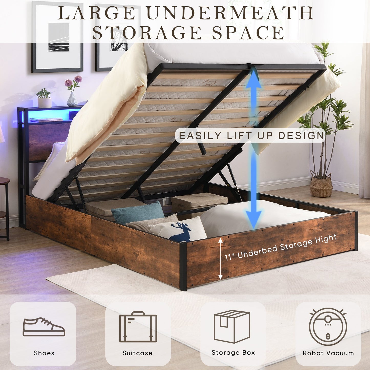 Elevating storage bed frame, full-size bed frame with bookshelf headboard and LED lights, with country brown color - Tampa Home & Garden Store