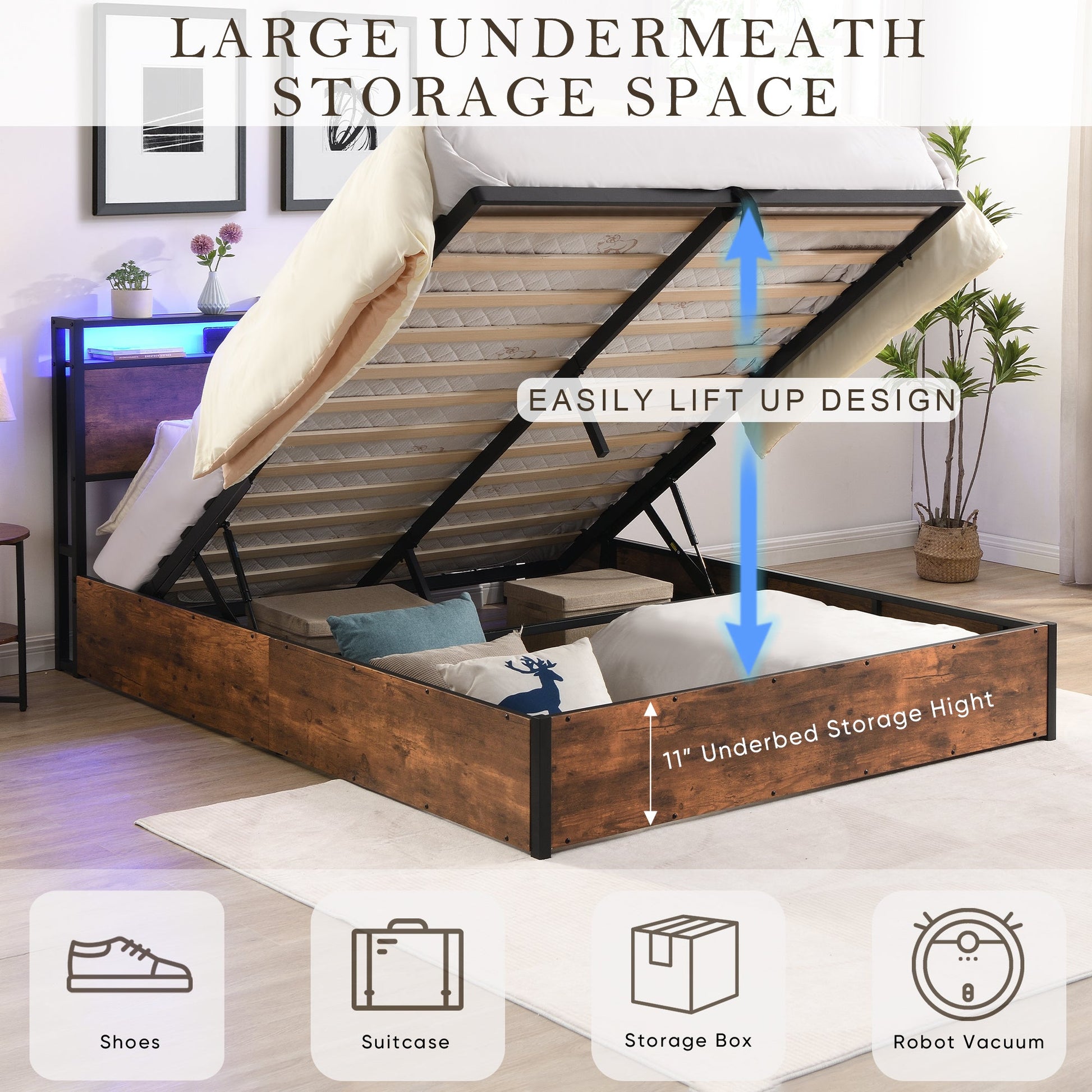 Elevating storage bed frame, full-size bed frame with bookshelf headboard and LED lights, with country brown color - Tampa Home & Garden Store