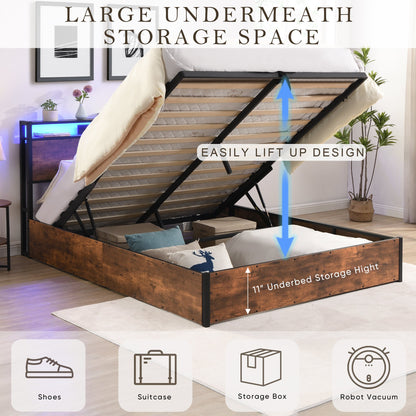 Elevating storage bed frame, full-size bed frame with bookshelf headboard and LED lights, with country brown color - Tampa Home & Garden Store