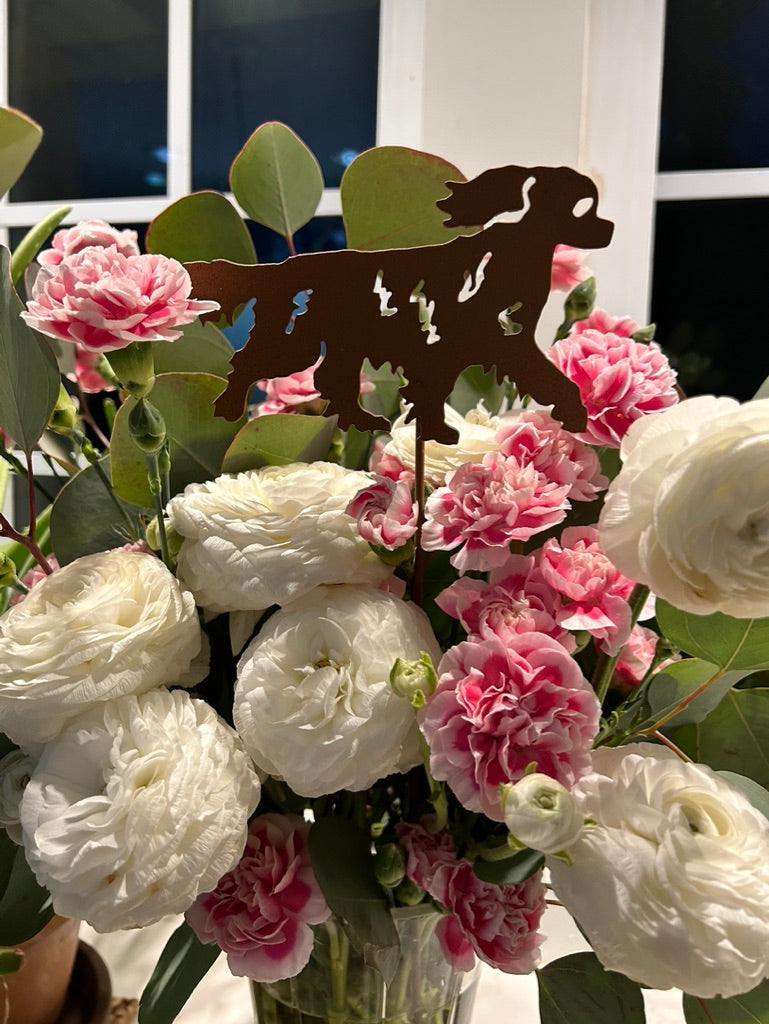 Cavalier King Charles Spaniel plant stake rust metal among white and pink blooms on Tampa Home & Garden Store
