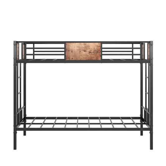 Twin over twin metal bunk bed frame in black with integrated ladder and wood panel insert on Tampa Home & Garden Store
