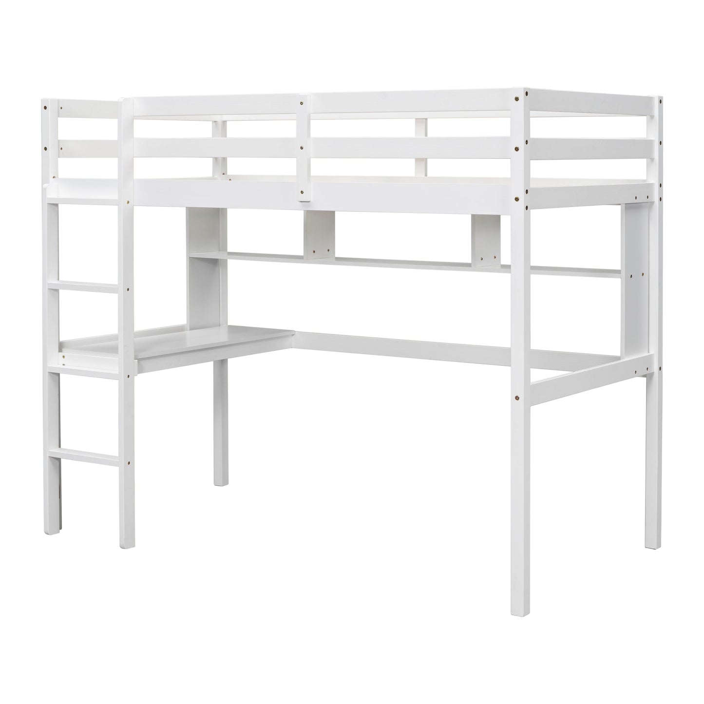Twin Loft Bed with built-in desk and bookcase of three compartments, Guardrails and Ladder,White - Tampa Home & Garden Store
