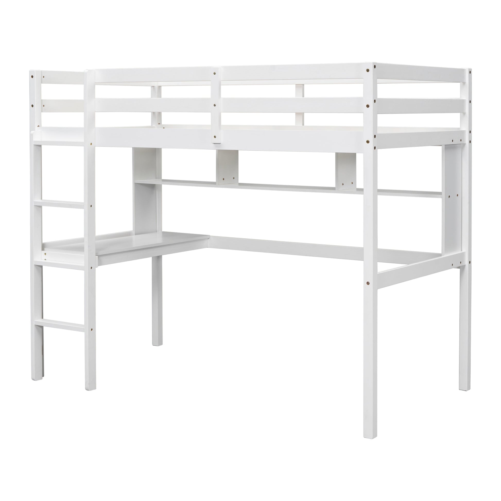 Twin Loft Bed with built-in desk and bookcase of three compartments, Guardrails and Ladder,White - Tampa Home & Garden Store