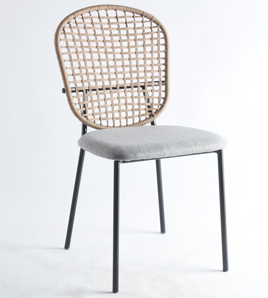Black and gray sennit dining chair with tan back and gray cushion seat on black legs on Tampa Home & Garden Store