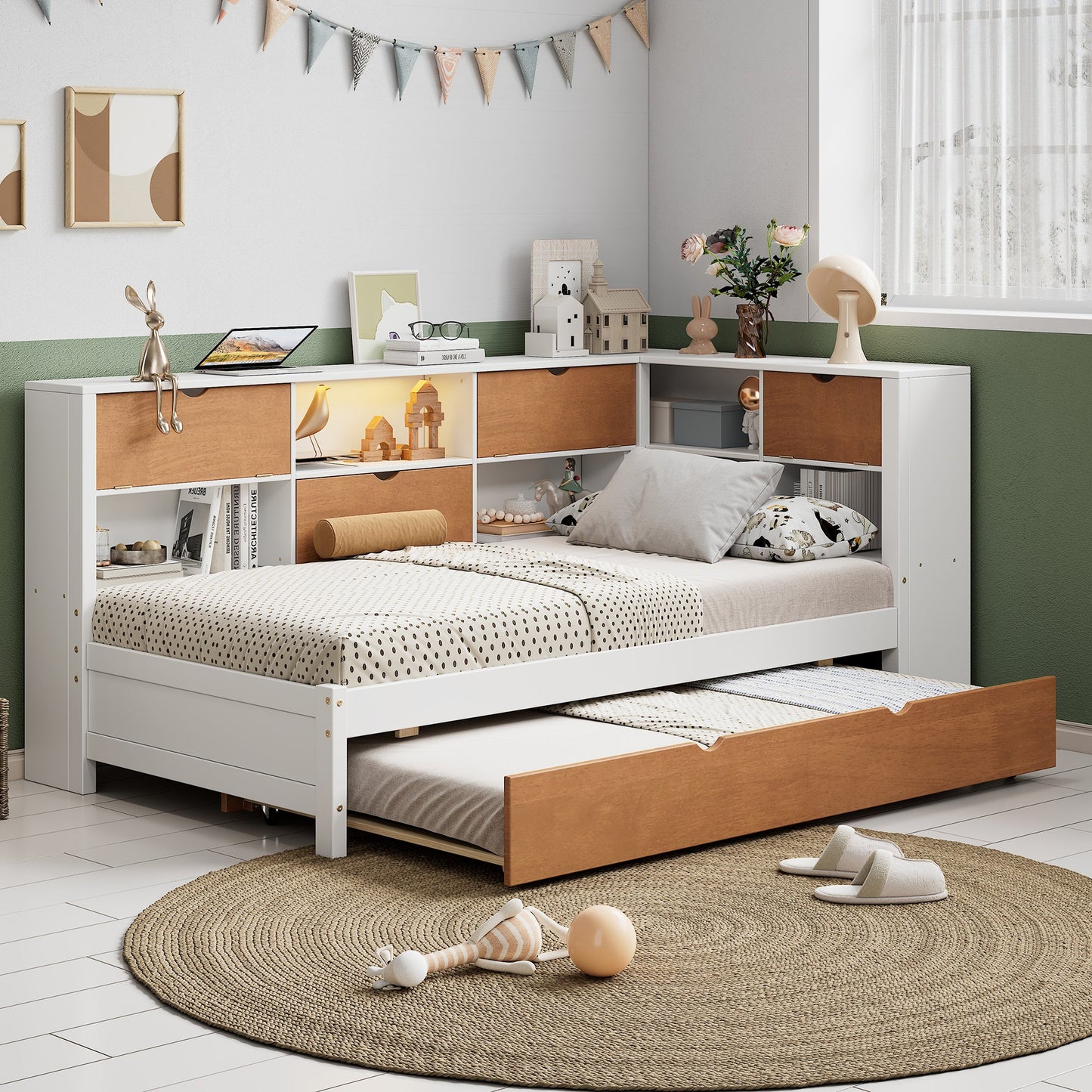 L-shaped bed frame with luggage and bookshelf, corner bed wooden captain's bed LED tube light and USB port walnut and white - Tampa Home & Garden Store
