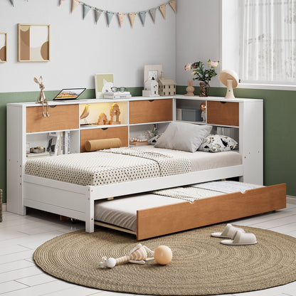 L-shaped bed frame with luggage and bookshelf, corner bed wooden captain's bed LED tube light and USB port walnut and white - Tampa Home & Garden Store