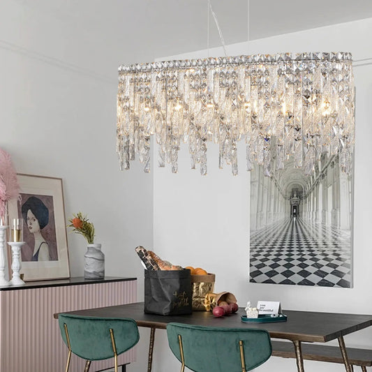 Silver elegant oval crystal pendant light chandelier with cascading prisms VIP Digital Presence on Tampa Home & Garden Store