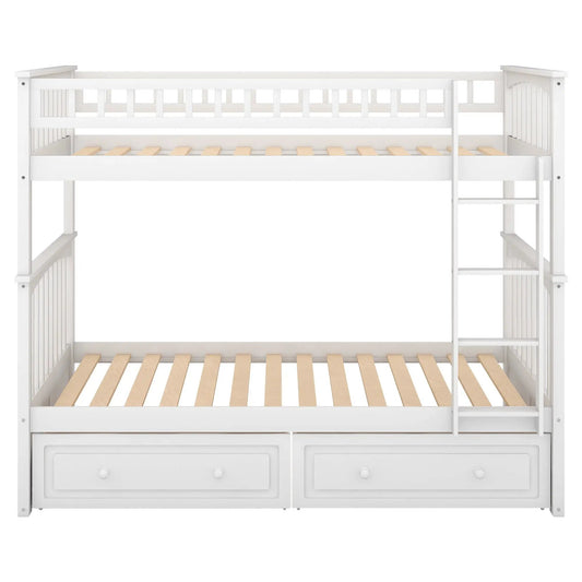 White twin over twin bunk bed with built-in drawers, ladder on right, slatted bed bases on Tampa Home & Garden Store