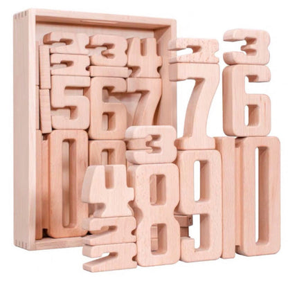 Montessori wooden number blocks set with natural finish digits 0-9 in storage box on Tampa Home & Garden Store