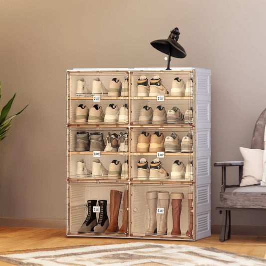 Portable shoe cabinet with rose-gold doors filled with sneakers and boots; black lamp on top on Tampa Home & Garden Store