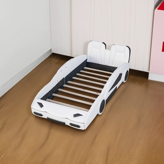 Twin Size Race Car Platform Bed With Wheels White with wooden slat base on Tampa Home & Garden Store