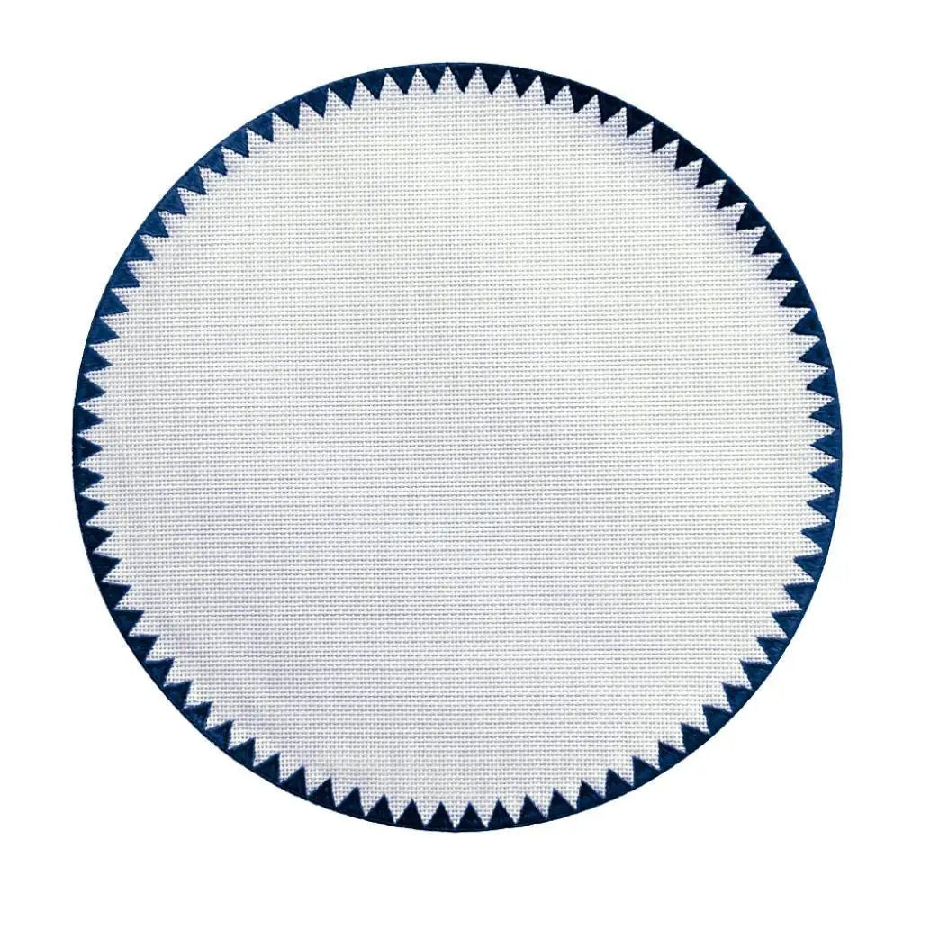 Montana placemat round white center with navy blue geometric zigzag trim by Talah Home on Tampa Home & Garden Store