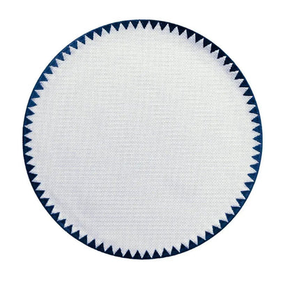 Montana placemat round white center with navy blue geometric zigzag trim by Talah Home on Tampa Home & Garden Store