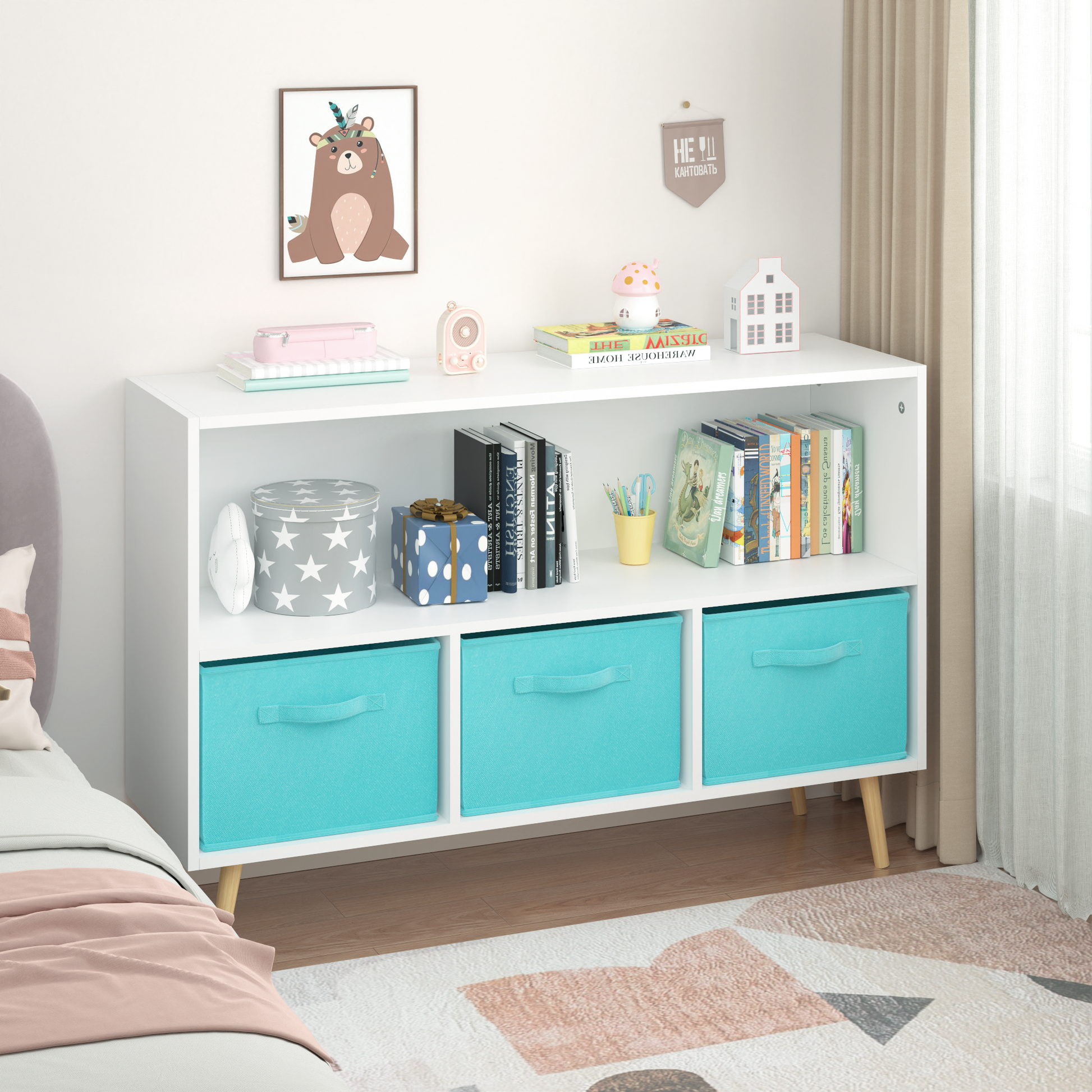 Kids bookcase with Collapsible Fabric Drawers Children's Book Display Toy Storage Cabinet Organizer White/Blue - Tampa Home & Garden Store
