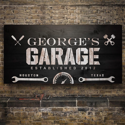 Man Cave Garage Sign canvas wall art with rustic dark wood background and vintage letters on Tampa Home & Garden Store