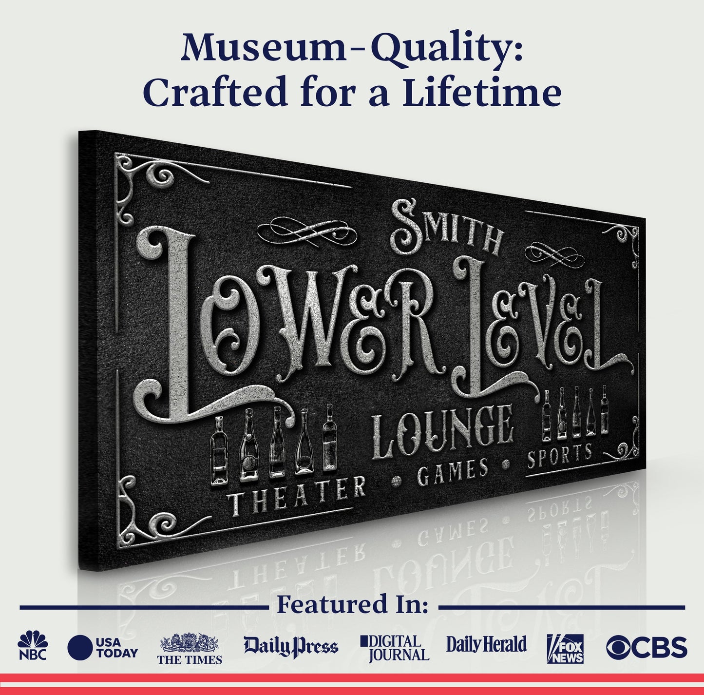 Personalized Lower Level Sign canvas with black texture and embossed typography Tailored Canvases on Tampa Home & Garden Store