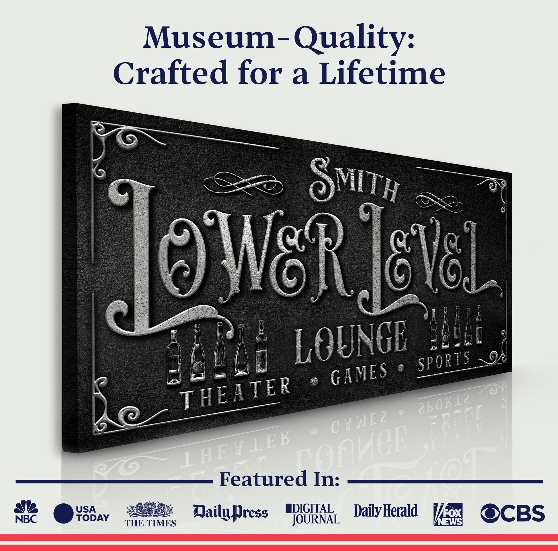 Personalized Lower Level Sign canvas with black texture and embossed typography Tailored Canvases on Tampa Home & Garden Store