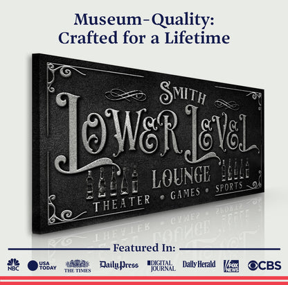 Personalized Lower Level Sign canvas with black texture and embossed typography Tailored Canvases on Tampa Home & Garden Store