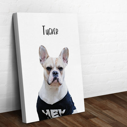 Pet Canvas Sign white textured canvas featuring Tucker the dog in a navy shirt on Tampa Home & Garden Store