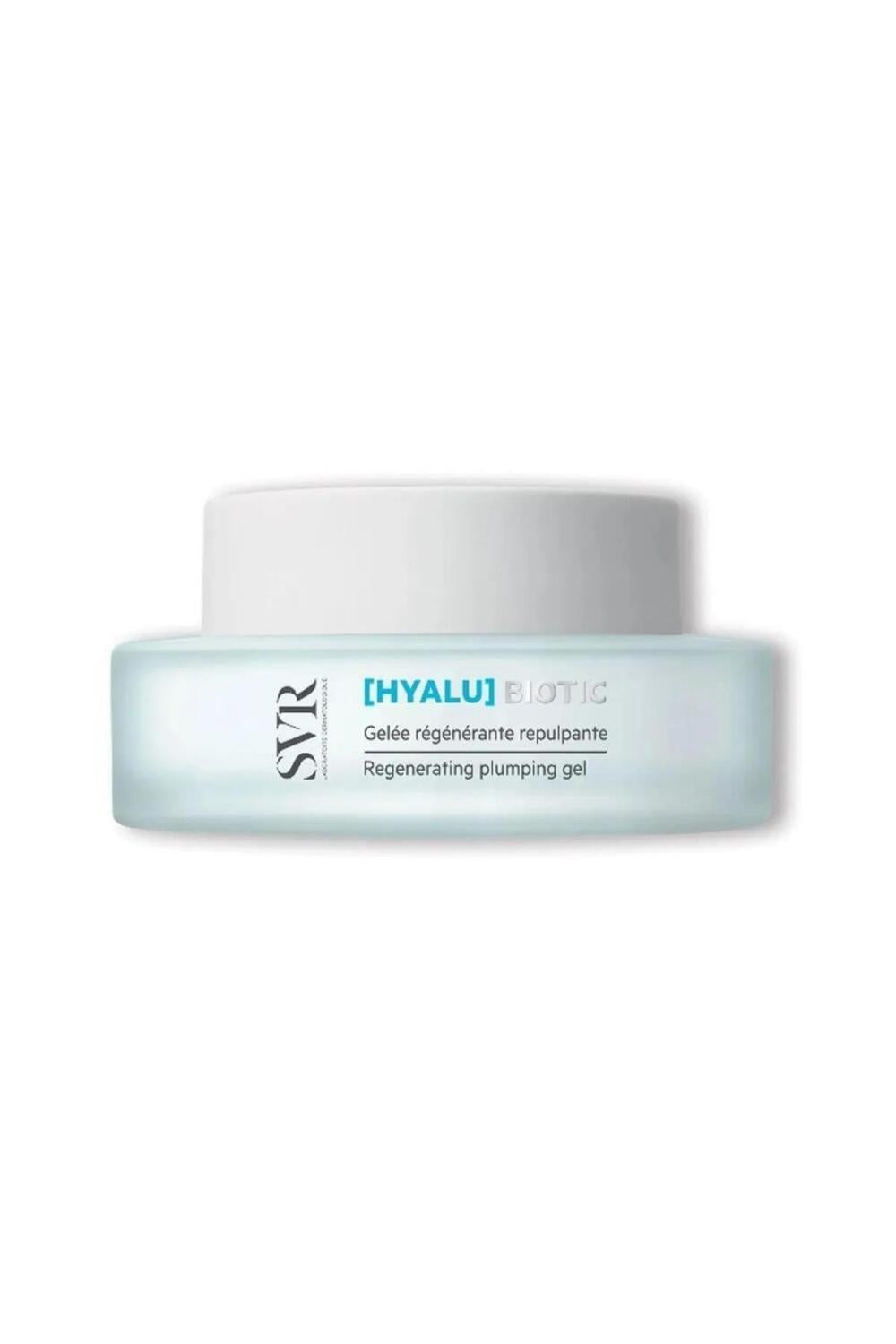 SVR Hyalu Biotic regenerating plumping gel in a pale blue jar with white lid on Tampa Home & Garden Store